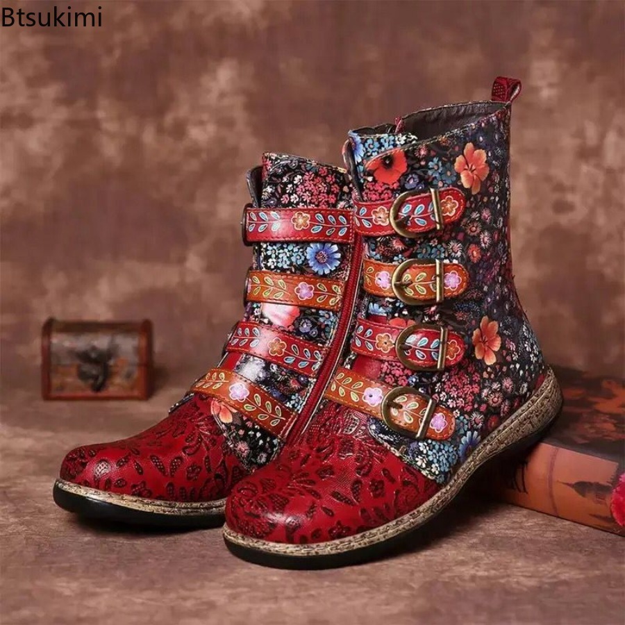 Vintage Fashion Female - Ethnic Style Women's Printed Leather Boots